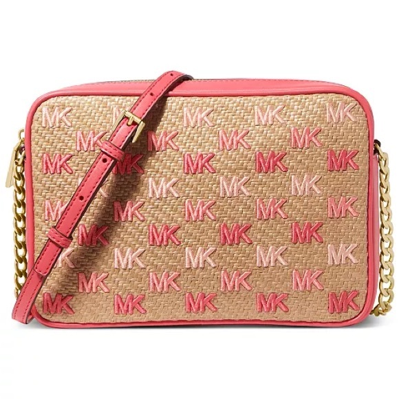 Michael Kors NWT! Jet Set Large East West Crossbody Bag - Straw Embroidered Logo - Picture 1 of 12